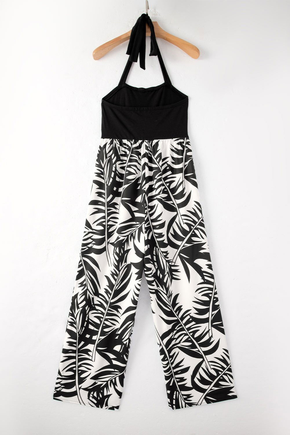 Black Halter Tropical Print Wide Leg Jumpsuit - Vesteeto