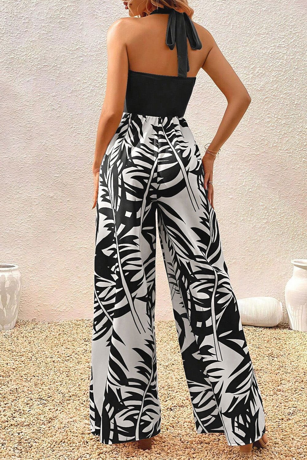 Black Halter Tropical Print Wide Leg Jumpsuit - Vesteeto