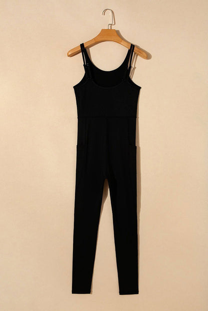 Black High Waist Backless Side Pockets Slim Fit Sports Jumpsuit - Vesteeto