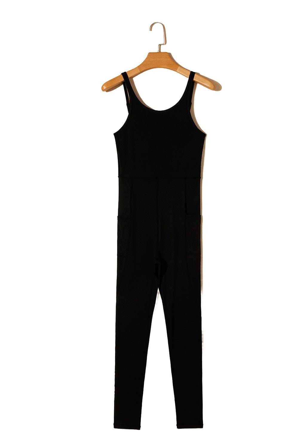 Black High Waist Backless Side Pockets Slim Fit Sports Jumpsuit - Vesteeto