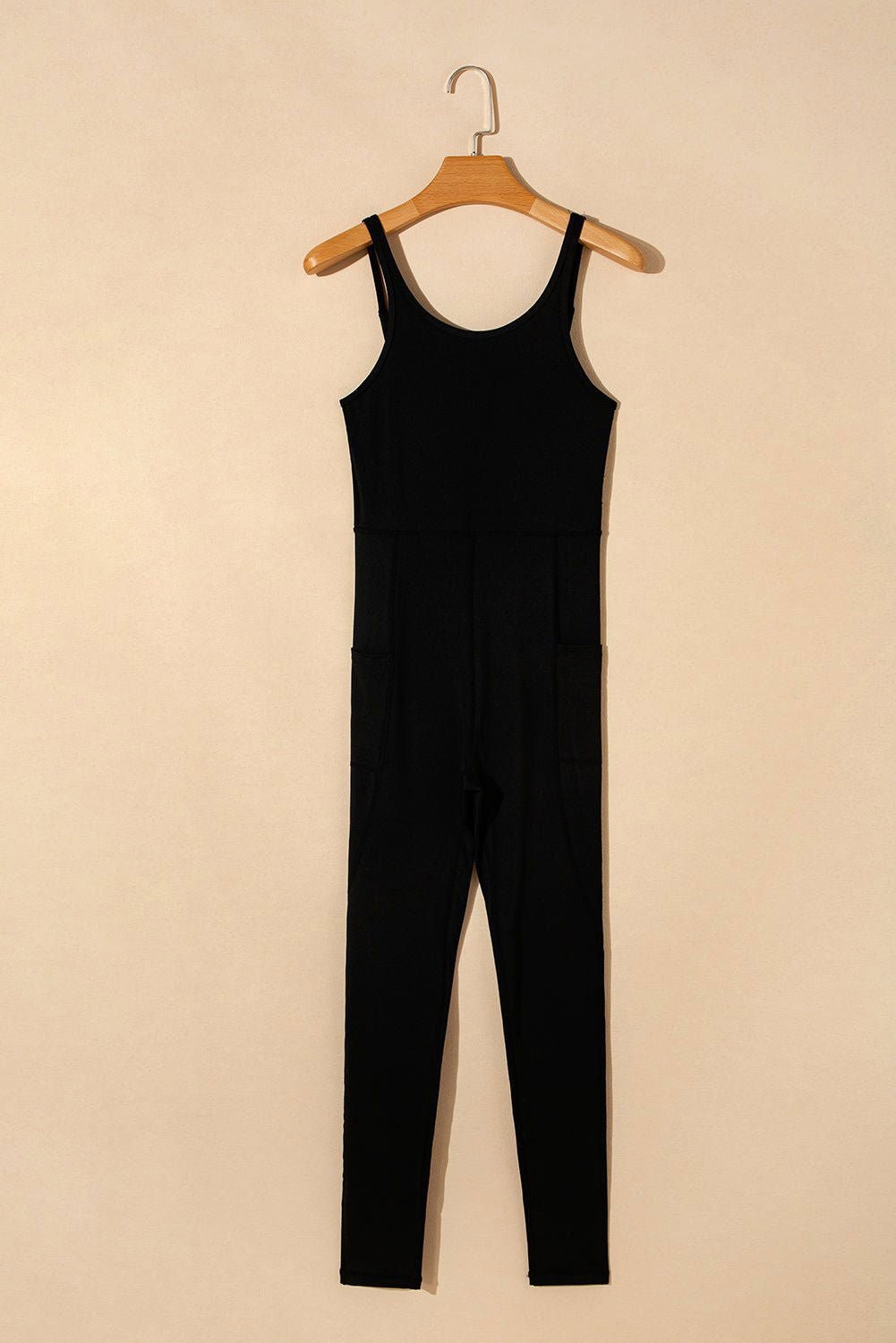 Black High Waist Backless Side Pockets Slim Fit Sports Jumpsuit - Vesteeto