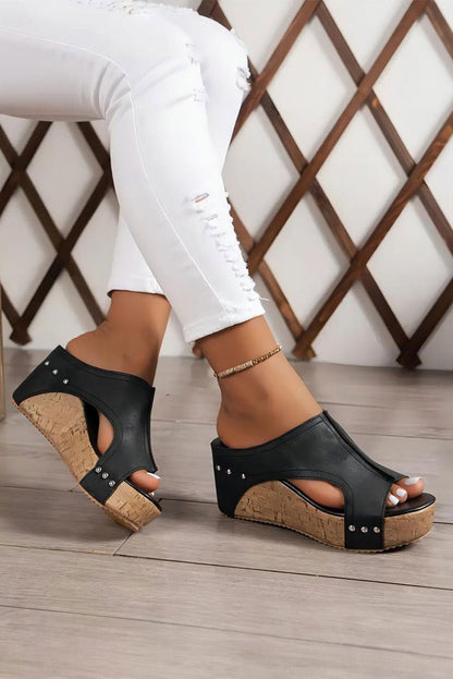 Black Hollow Out Studded PU Leather Wedge Slides Shoes - Vesteeto