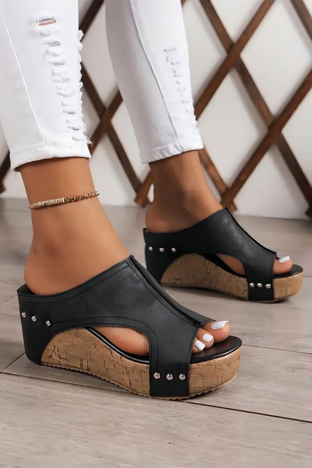 Black Hollow Out Studded PU Leather Wedge Slides Shoes - Vesteeto