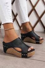 Black Hollow Out Studded PU Leather Wedge Slides Shoes - Vesteeto