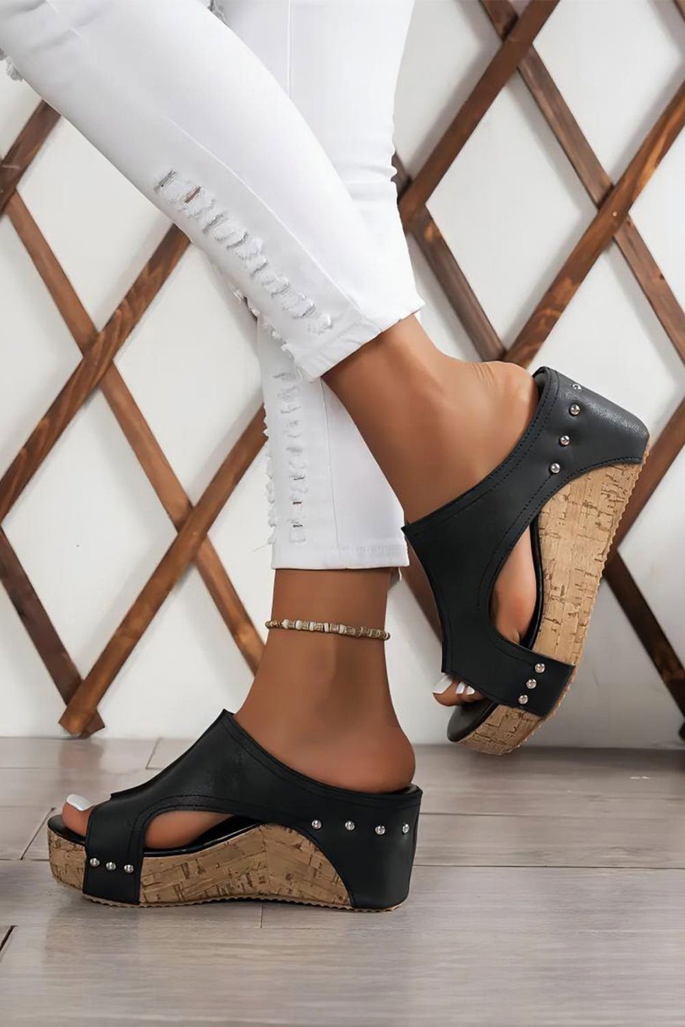 Black Hollow Out Studded PU Leather Wedge Slides Shoes - Vesteeto