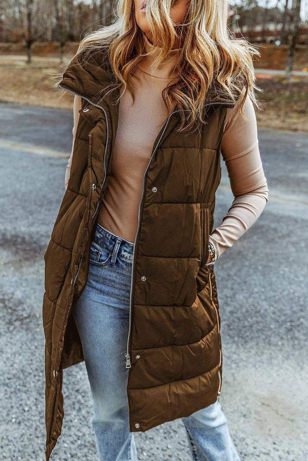 Black Hooded Pocketed Quilted Long Vest Coat - Vesteeto