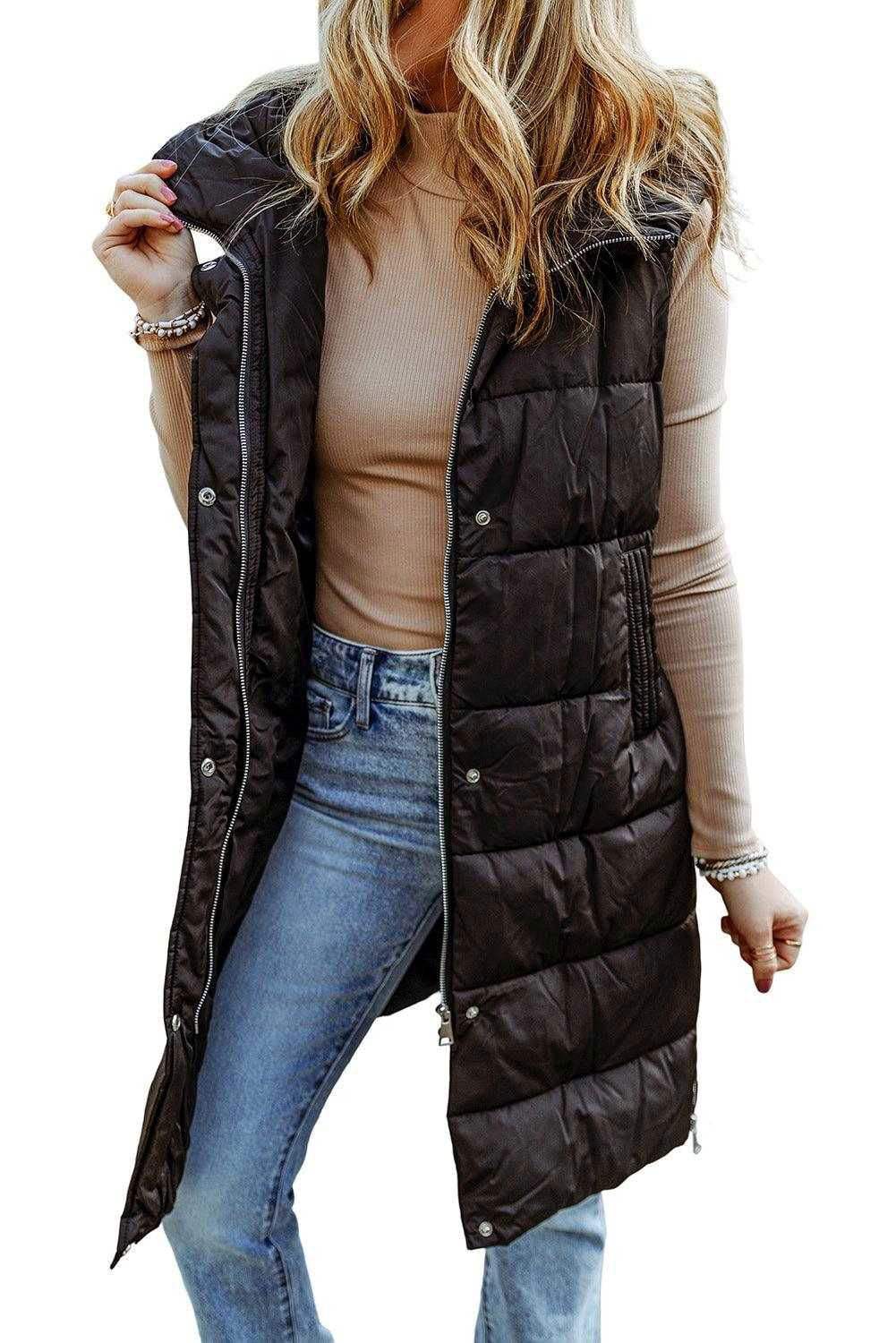 Black Hooded Pocketed Quilted Long Vest Coat - Vesteeto