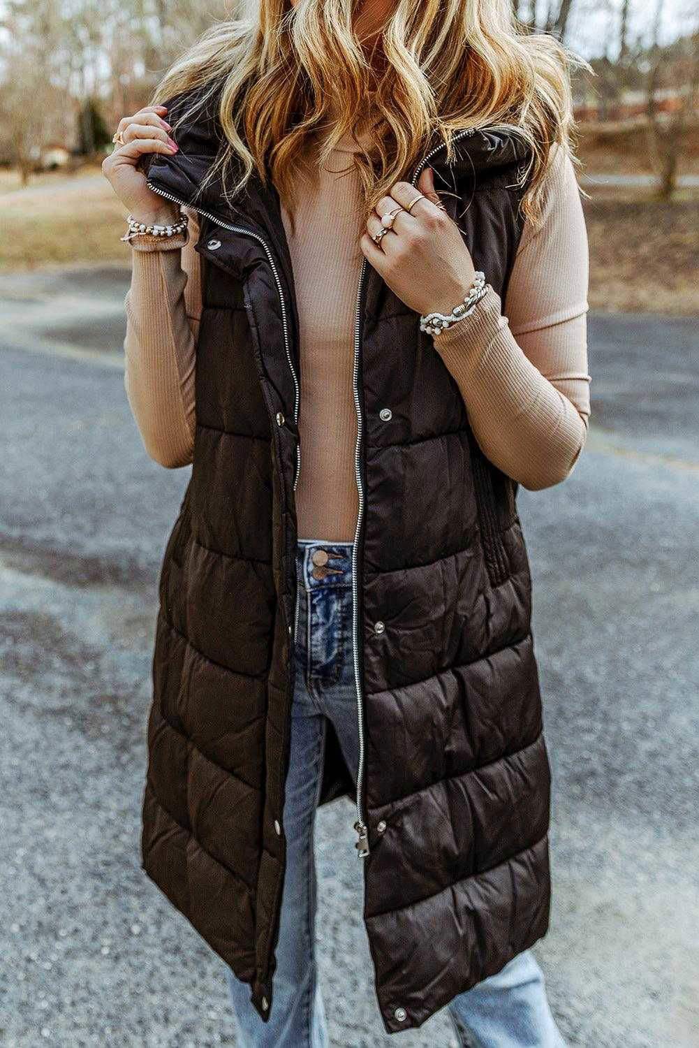 Black Hooded Pocketed Quilted Long Vest Coat - Vesteeto