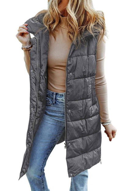 Black Hooded Pocketed Quilted Long Vest Coat - Vesteeto