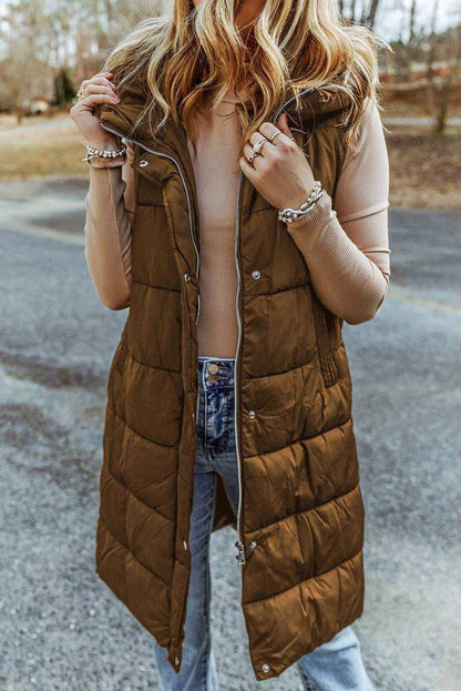 Black Hooded Pocketed Quilted Long Vest Coat - Vesteeto