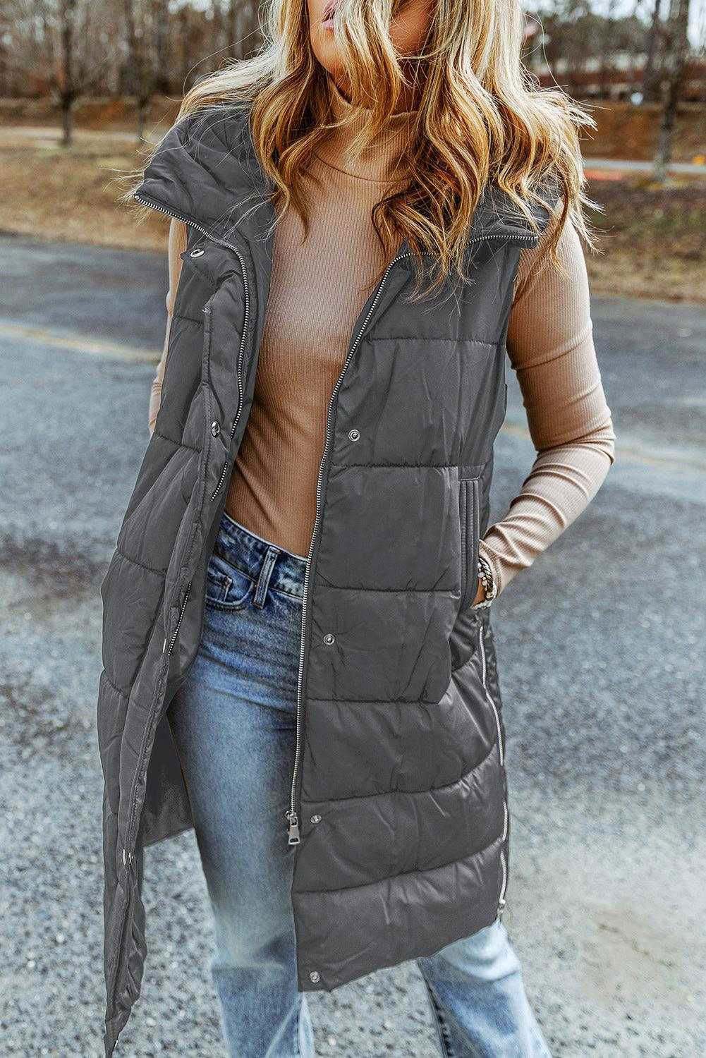 Black Hooded Pocketed Quilted Long Vest Coat - Vesteeto