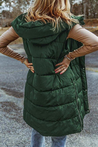 Black Hooded Pocketed Quilted Long Vest Coat - Vesteeto