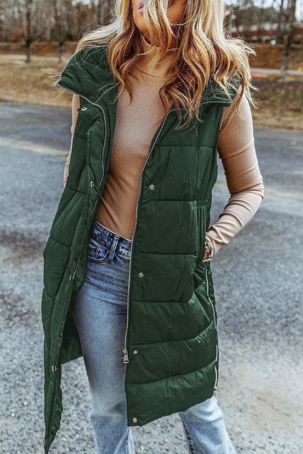 Black Hooded Pocketed Quilted Long Vest Coat - Vesteeto