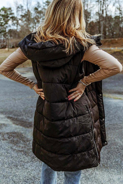 Black Hooded Pocketed Quilted Long Vest Coat - Vesteeto