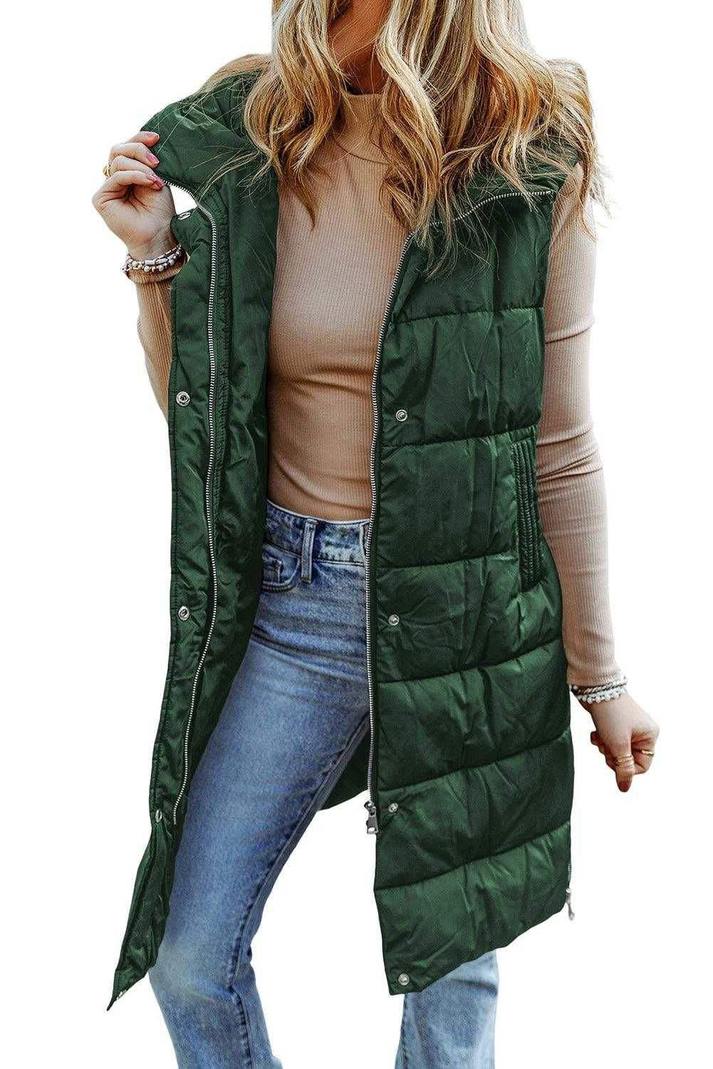 Black Hooded Pocketed Quilted Long Vest Coat - Vesteeto