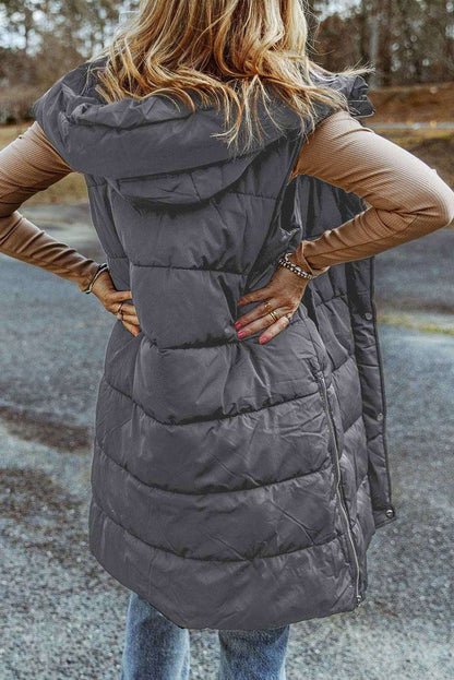 Black Hooded Pocketed Quilted Long Vest Coat - Vesteeto