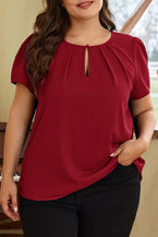 Black Keyhole Crew Neck Pleated Plus Size Top - Vesteeto