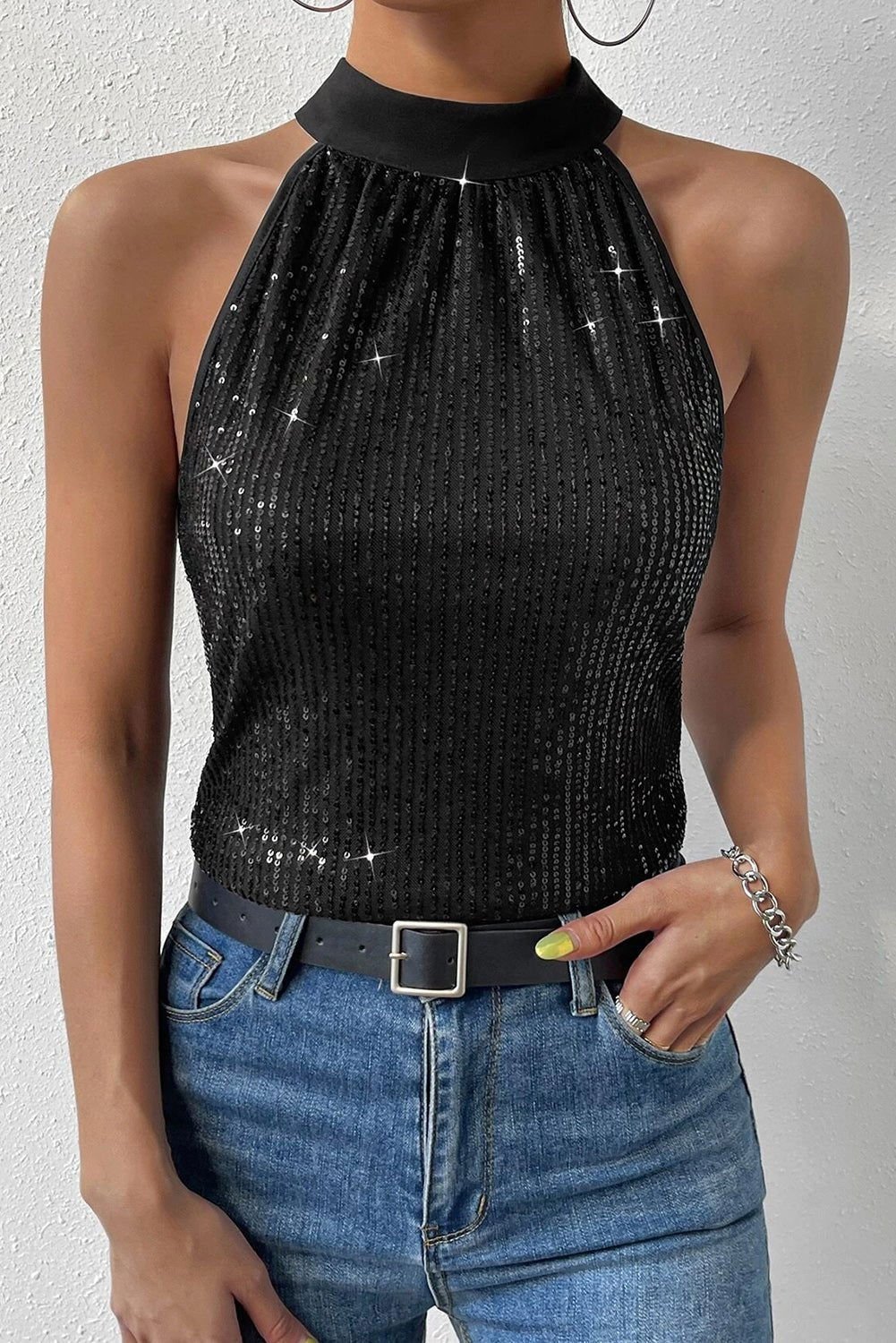 Black Keyhole Tie Back Sequin Tank Top - Vesteeto