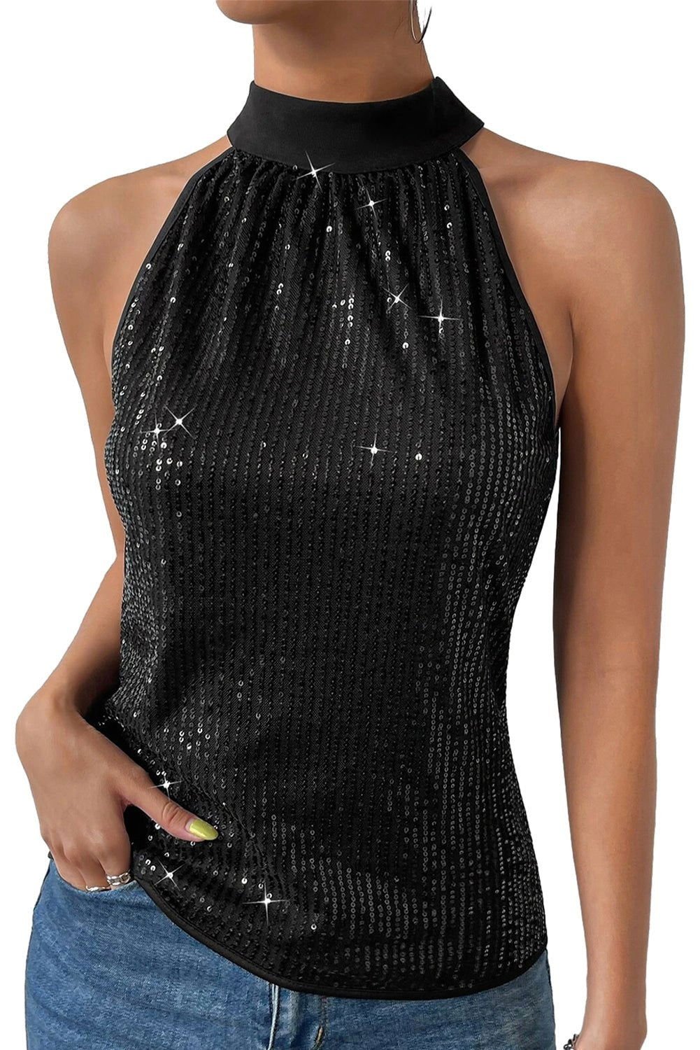 Black Keyhole Tie Back Sequin Tank Top - Vesteeto