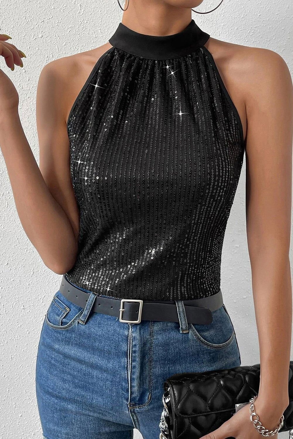 Black Keyhole Tie Back Sequin Tank Top - Vesteeto