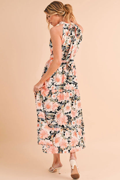 Black Knotted Halter Floral Print Ruffle Tiered Maxi Dress - Vesteeto