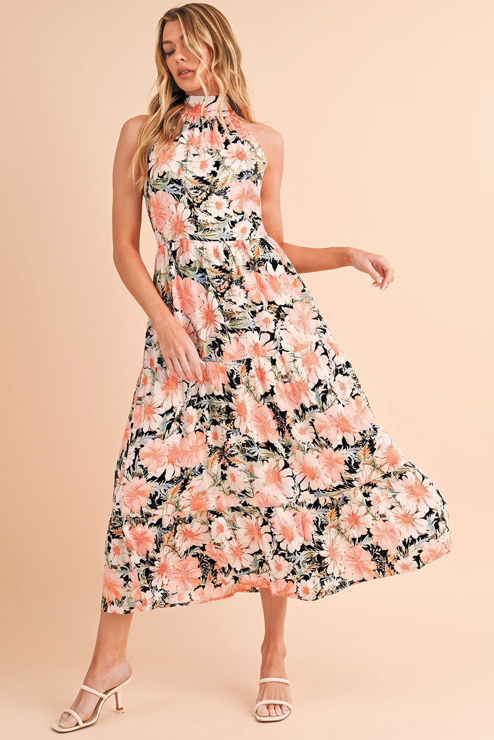 Black Knotted Halter Floral Print Ruffle Tiered Maxi Dress - Vesteeto