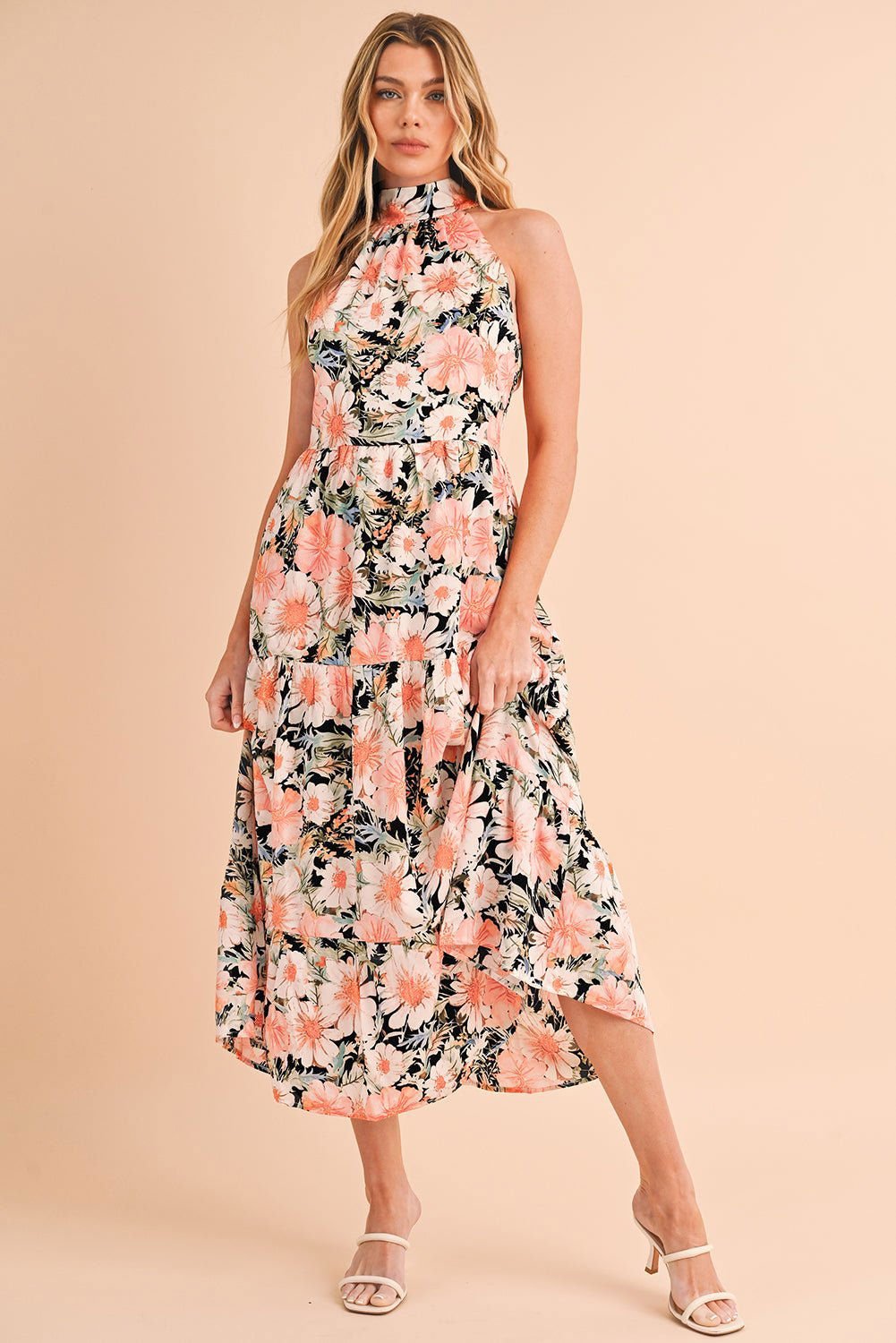 Black Knotted Halter Floral Print Ruffle Tiered Maxi Dress - Vesteeto