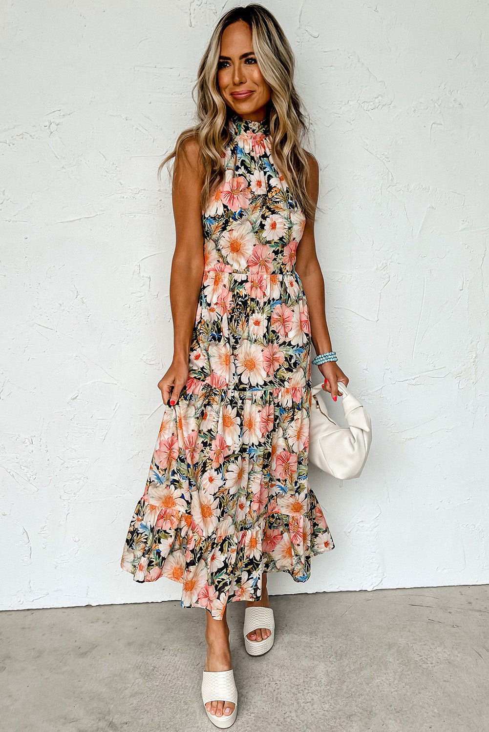 Black Knotted Halter Floral Print Ruffle Tiered Maxi Dress - Vesteeto