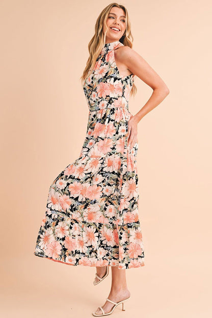 Black Knotted Halter Floral Print Ruffle Tiered Maxi Dress - Vesteeto