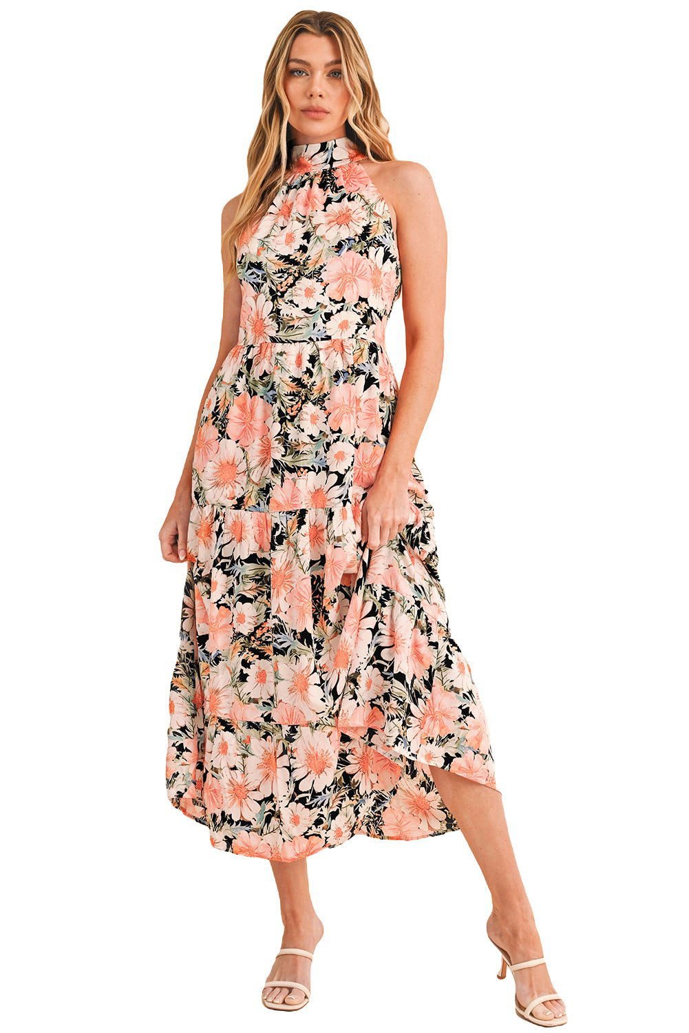 Black Knotted Halter Floral Print Ruffle Tiered Maxi Dress - Vesteeto