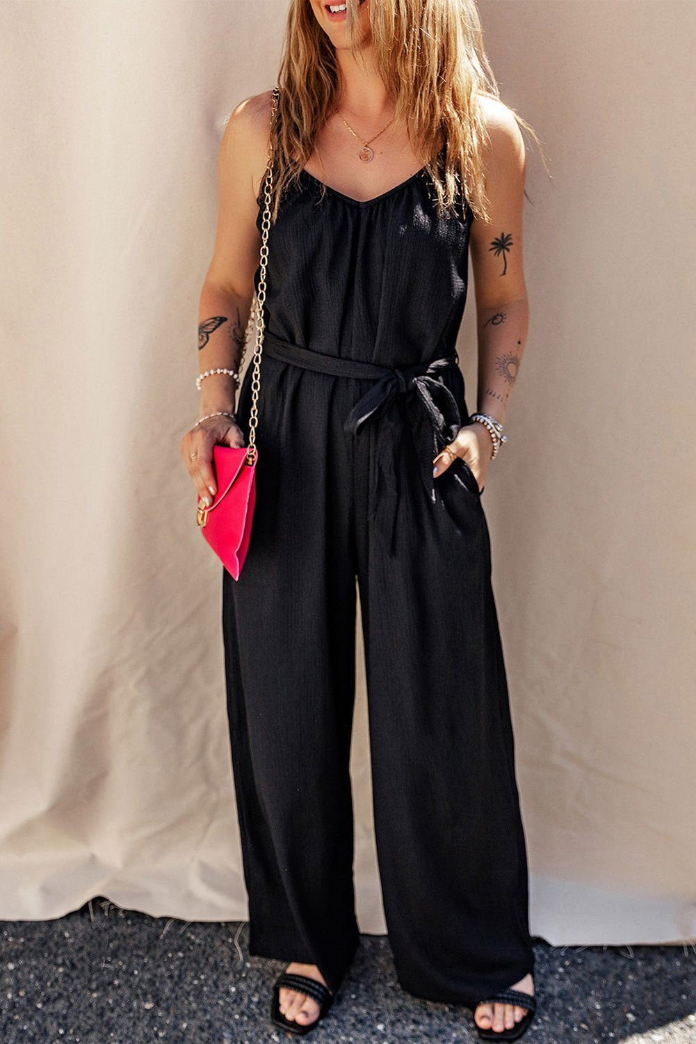 Black Knotted High Waist Wide Leg Sleeveless Jumpsuit - Vesteeto