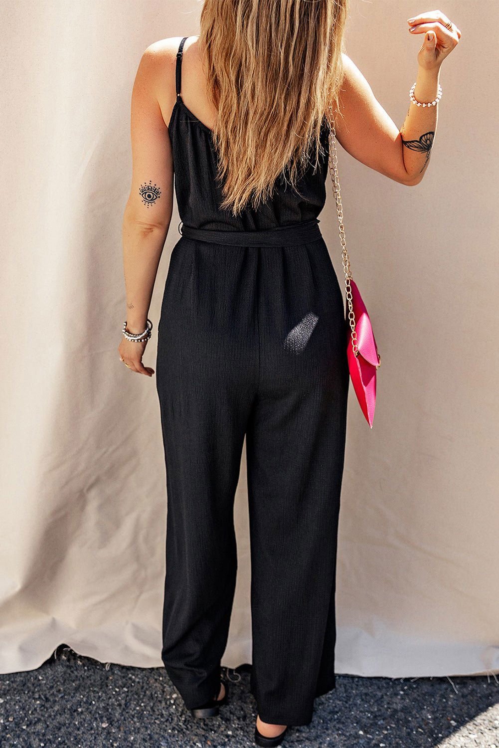 Black Knotted High Waist Wide Leg Sleeveless Jumpsuit - Vesteeto