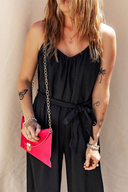 Black Knotted High Waist Wide Leg Sleeveless Jumpsuit - Vesteeto