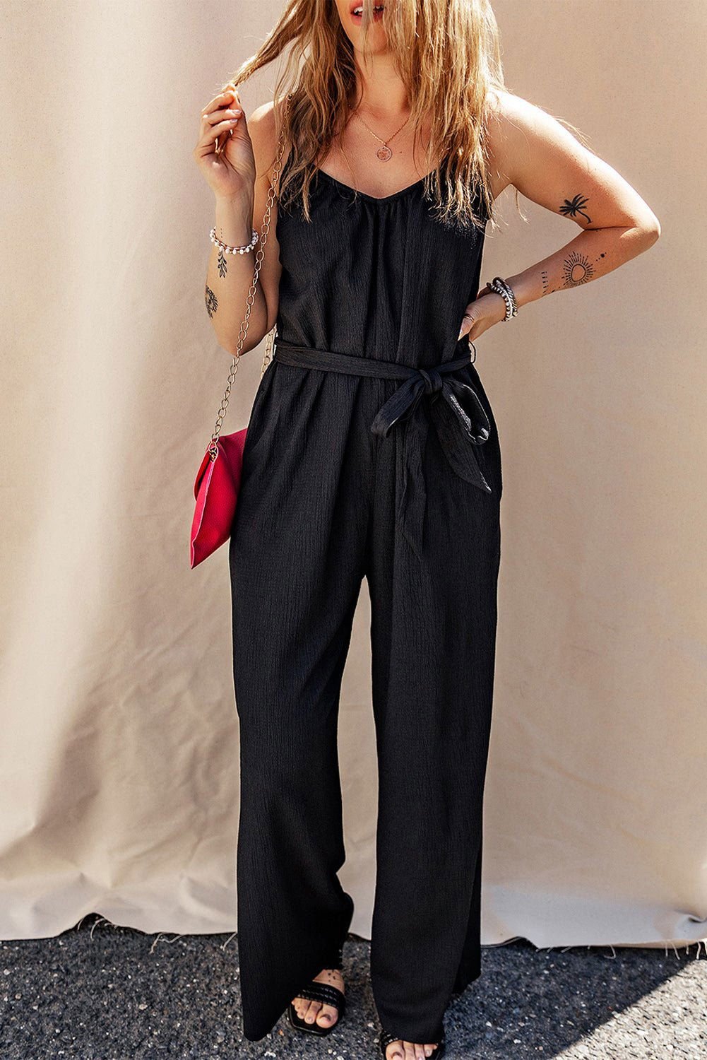 Black Knotted High Waist Wide Leg Sleeveless Jumpsuit - Vesteeto