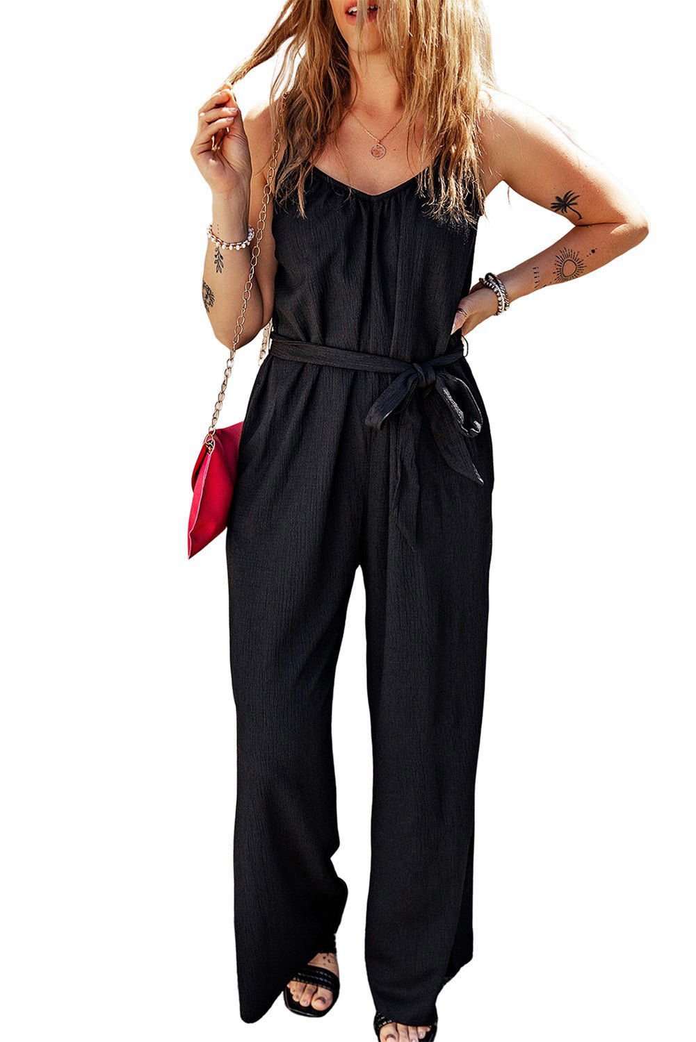 Black Knotted High Waist Wide Leg Sleeveless Jumpsuit - Vesteeto