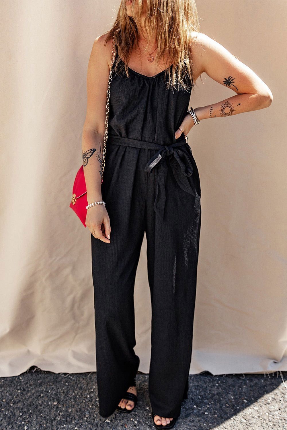 Black Knotted High Waist Wide Leg Sleeveless Jumpsuit - Vesteeto