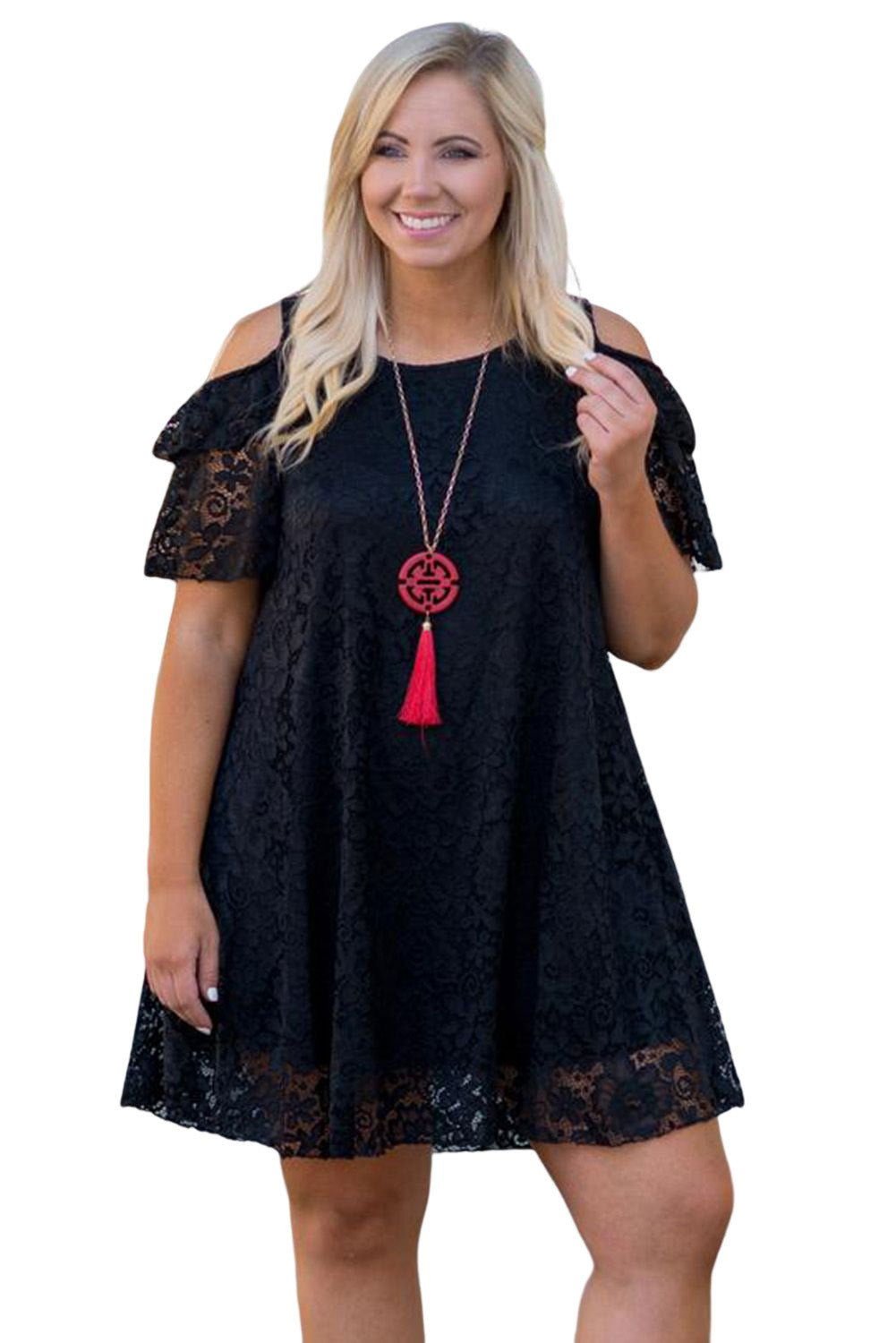 Black Lace Cold Shoulder Plus Size Dress - Vesteeto