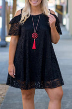 Black Lace Cold Shoulder Plus Size Dress - Vesteeto