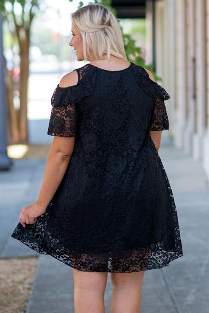 Black Lace Cold Shoulder Plus Size Dress - Vesteeto