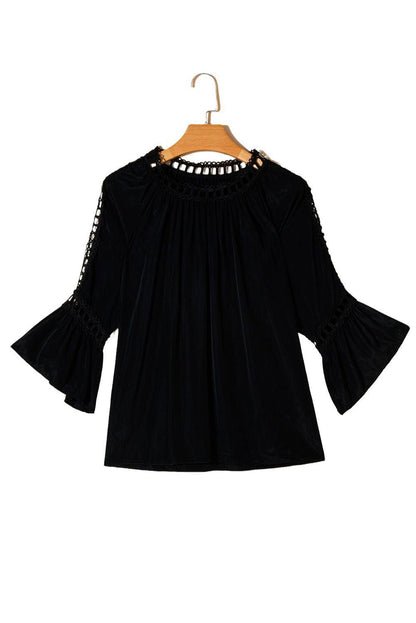 Black Lace Crochet Cut - Out Bracelet Sleeve Ruffle Blouse - Vesteeto