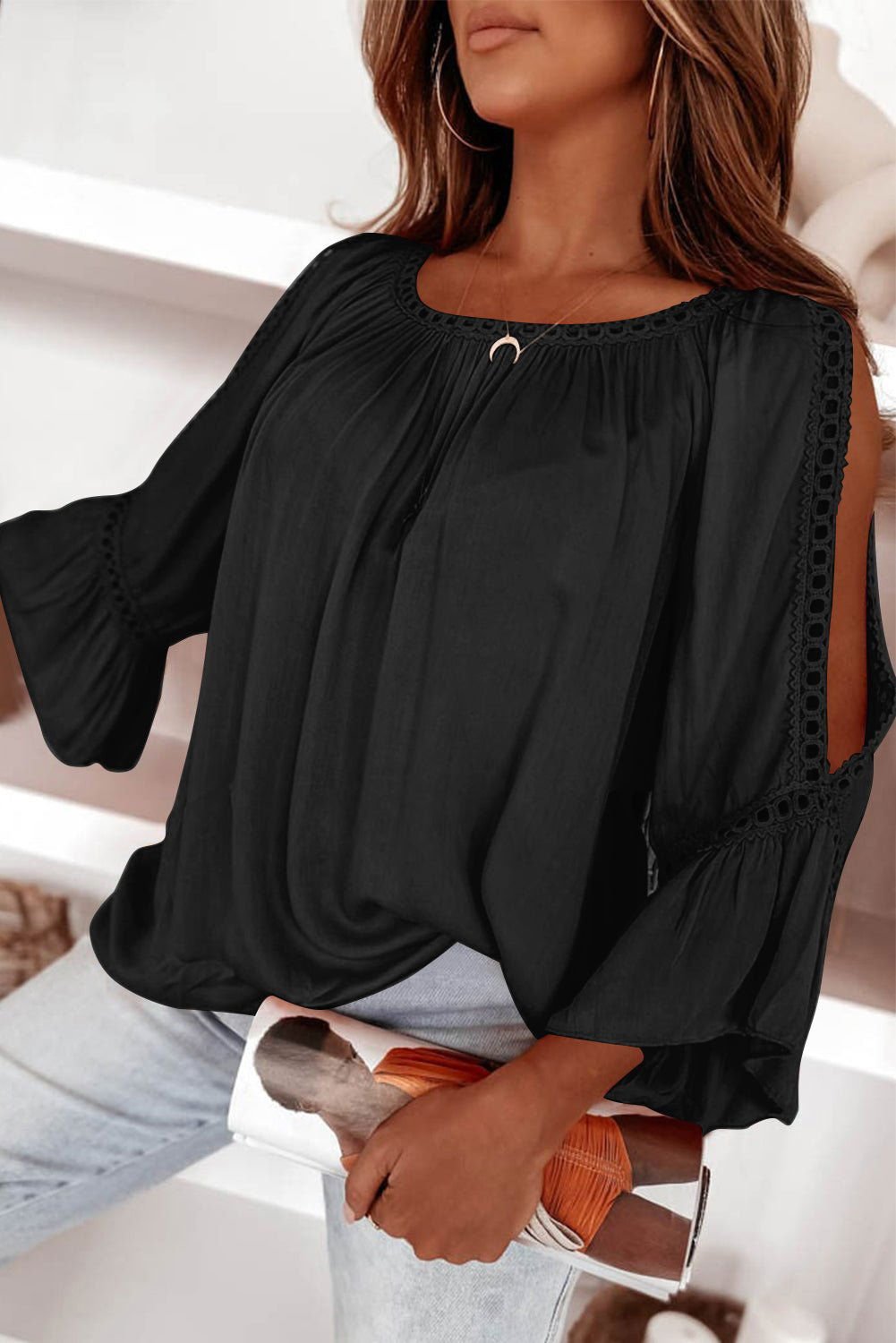 Black Lace Crochet Cut - Out Bracelet Sleeve Ruffle Blouse - Vesteeto