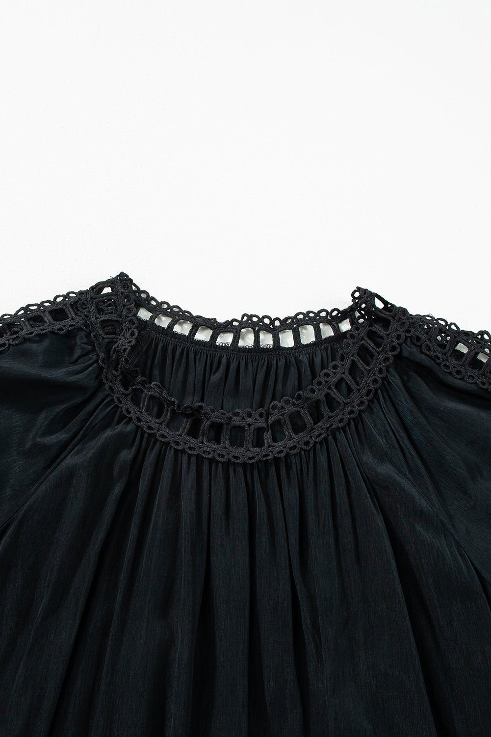 Black Lace Crochet Cut - Out Bracelet Sleeve Ruffle Blouse - Vesteeto