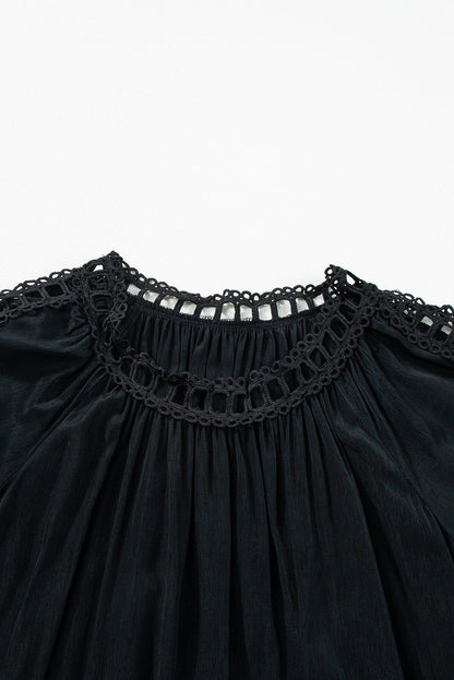 Black Lace Crochet Cut - Out Bracelet Sleeve Ruffle Blouse - Vesteeto