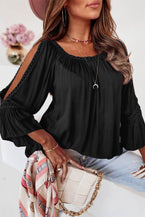 Black Lace Crochet Cut - Out Bracelet Sleeve Ruffle Blouse - Vesteeto