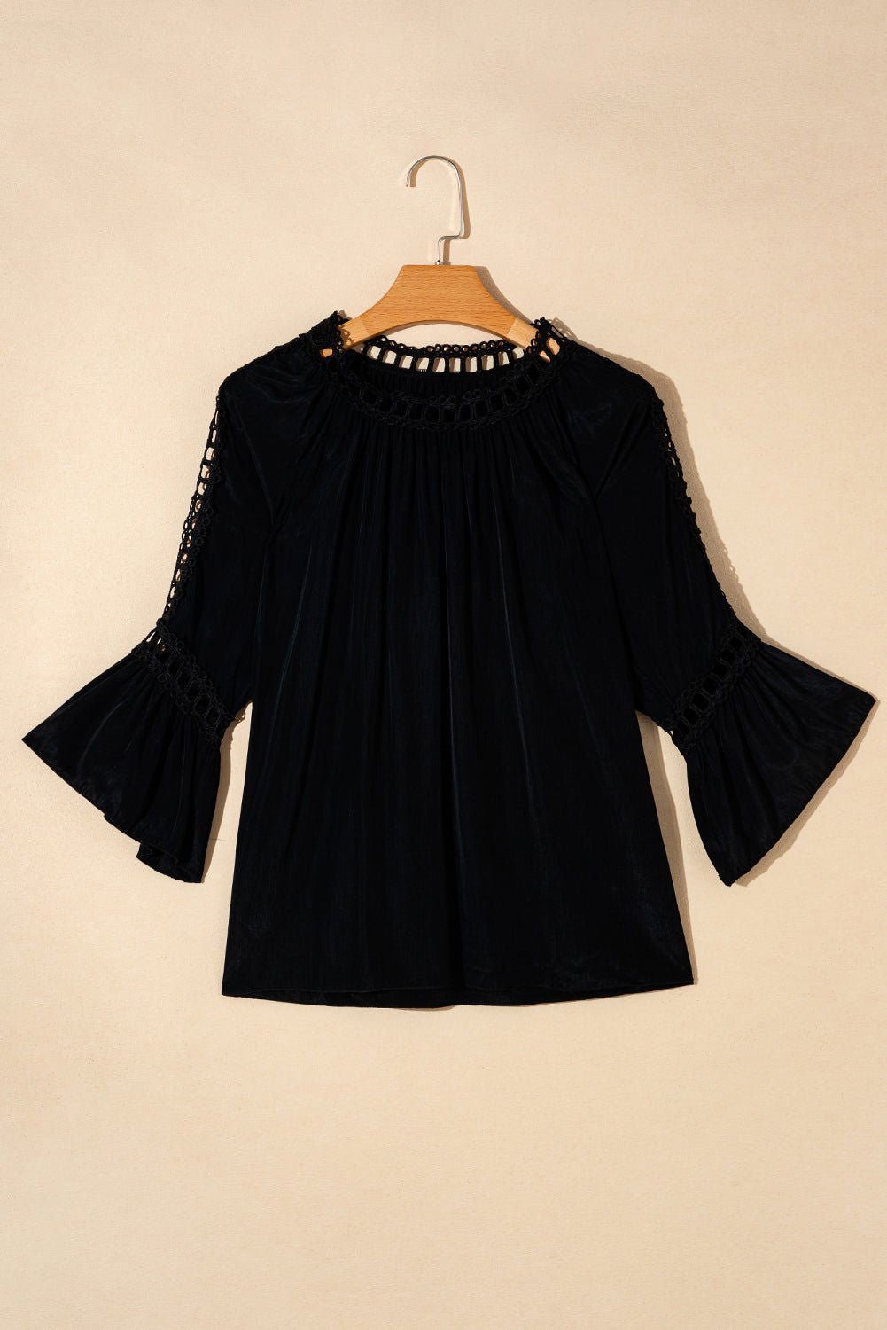 Black Lace Crochet Cut - Out Bracelet Sleeve Ruffle Blouse - Vesteeto