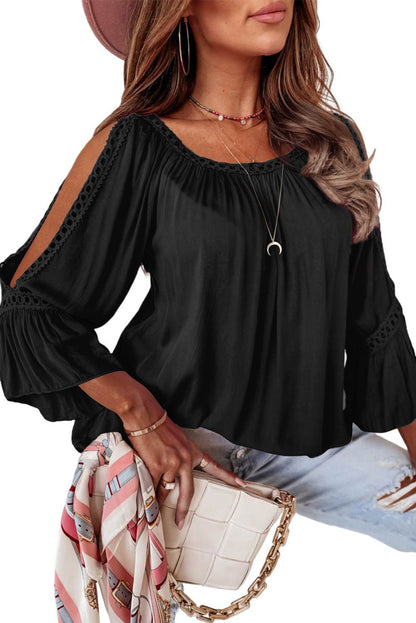 Black Lace Crochet Cut - Out Bracelet Sleeve Ruffle Blouse - Vesteeto