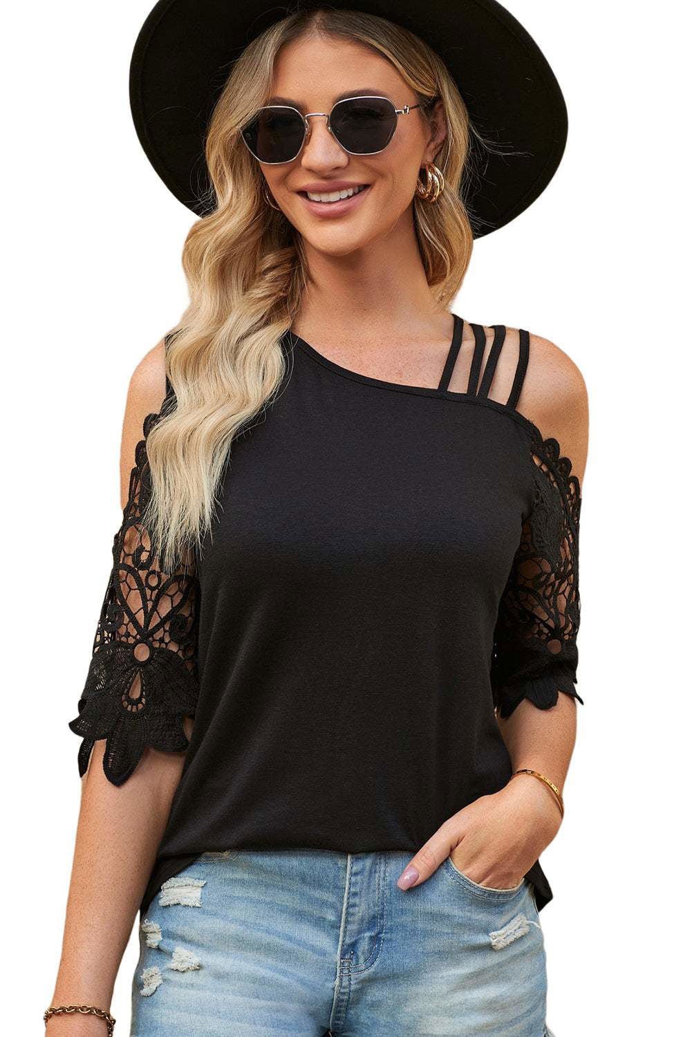 Black Lace Crochet Short Sleeve Strappy One Shoulder Top - Vesteeto