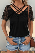 Black Lace Patchwork Criss Cross V Neck Short Sleeve Blouse - Vesteeto