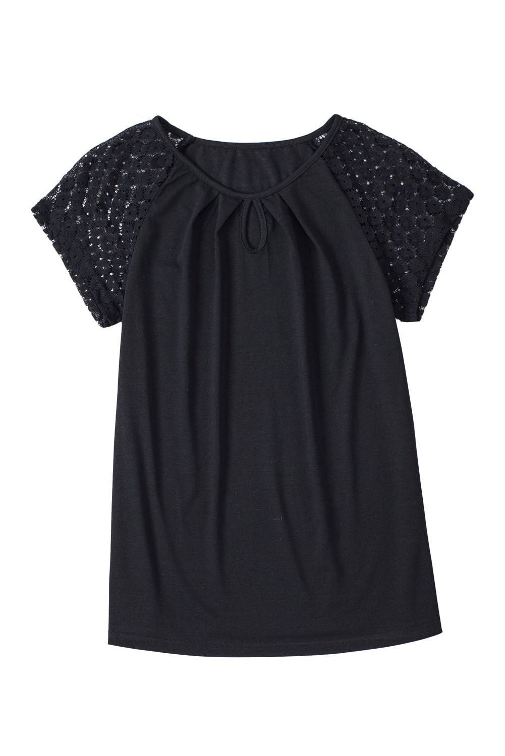 Black Lace Sleeve Keyhole Smocked Detail Blouse - Vesteeto