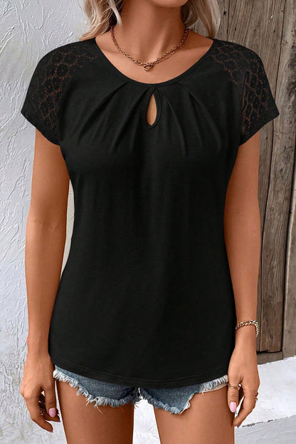 Black Lace Sleeve Keyhole Smocked Detail Blouse - Vesteeto